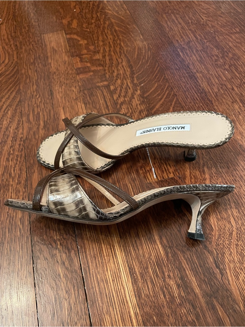 Manolo Blahnik Vintage Snakeskin Crisscross Strappy Slide Sandals 36.5 New